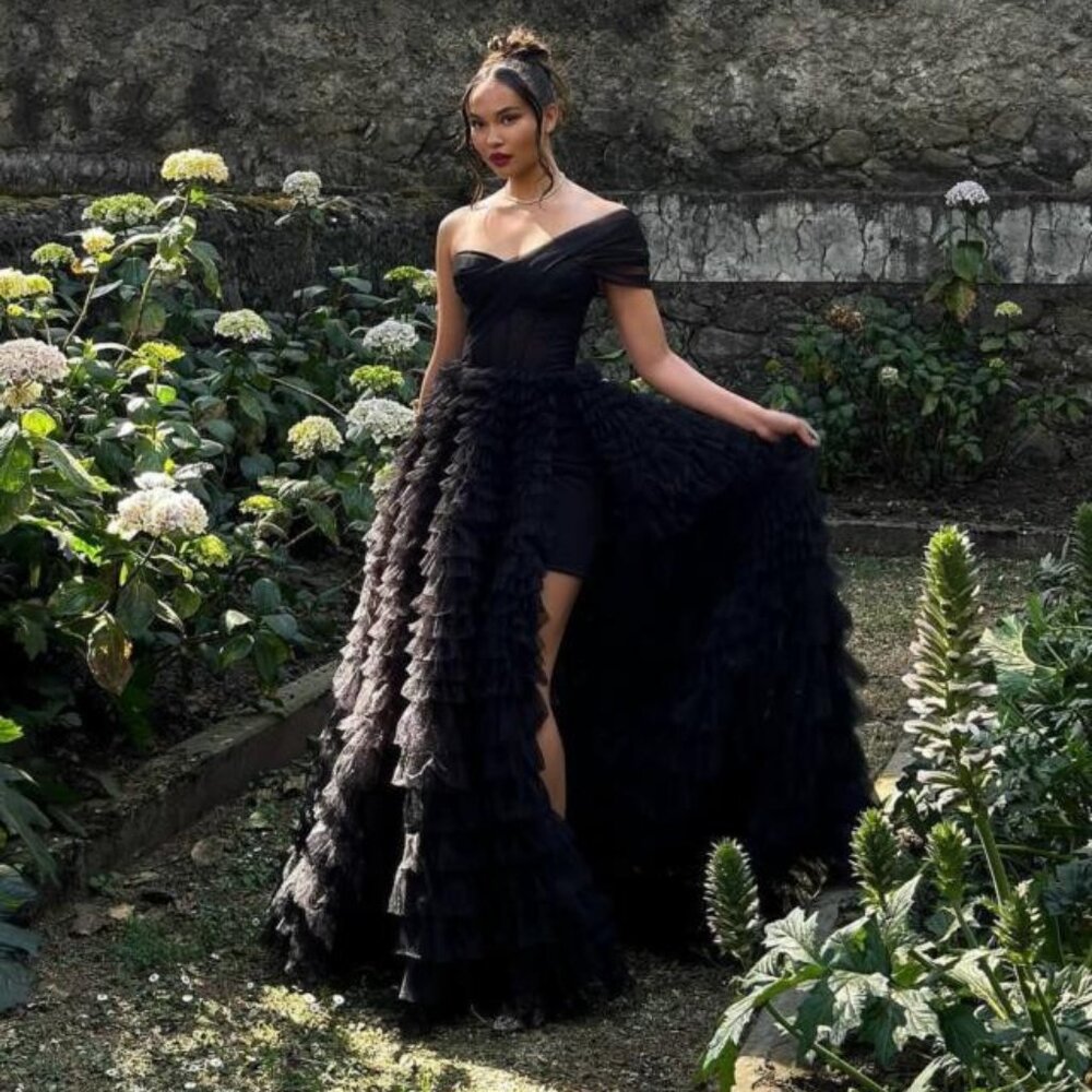 Black Off-Shoulder Ruffled High-Low Maxi Dress